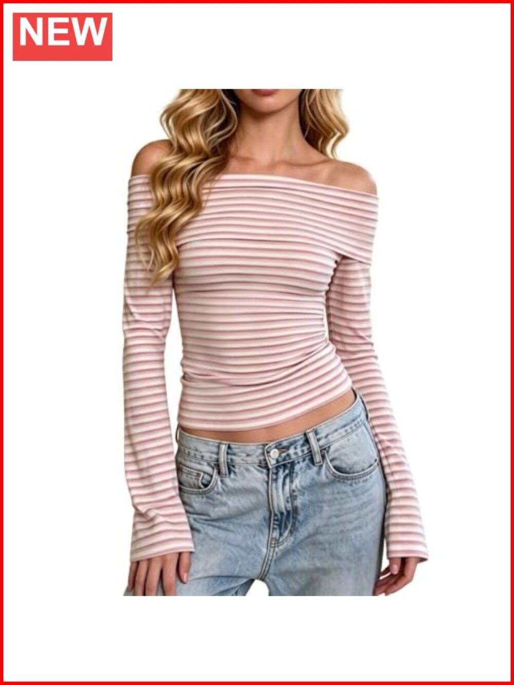 Fabumily Women's Off Shoulder Striped Long Sleeve Fitted Top Y2K Shirt